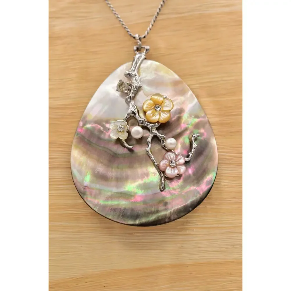 Vintage Abalone Shell Pendant on Brighton Chain Floral Mother Pearl AS IS BinBD